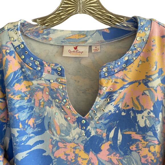 QUACKER FACTORY 1X Top Split Neck Rhinestones Abstract Artsy 3/4 Sleeves Blue - Picture 2 of 7